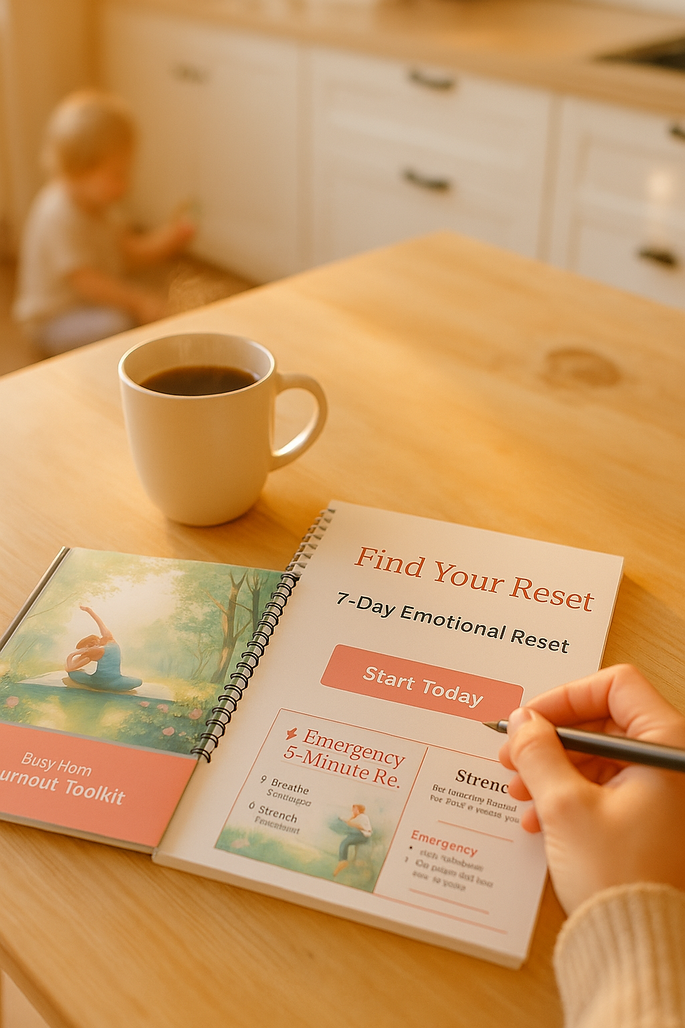 Thumbnail: Woman writing with pen, Find Your Reset, 7-Day Emotional Reset, Start Today, Busy Mom Ignite Mama