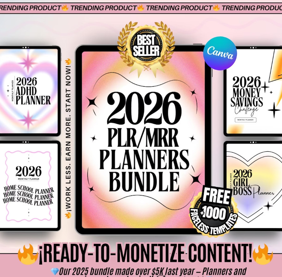 2026 PLR/MRR Planners Bundle Canva Free 3000 Ready-to-Monetize Content Digital Template Vault