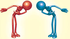 One red one blue cartoon figures bowing to each other