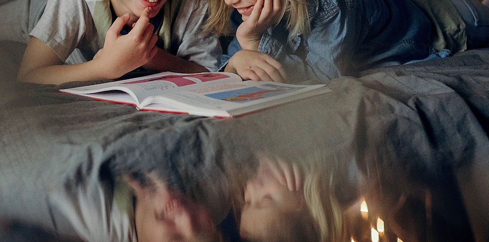 Children on bed reading a book