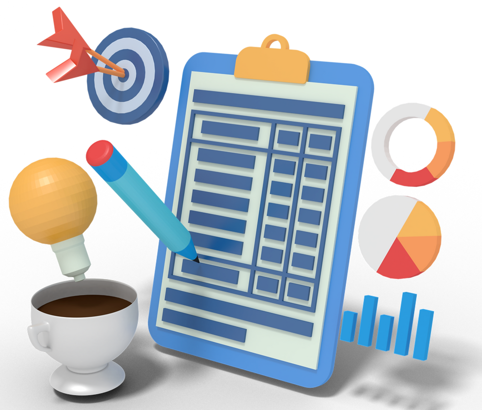 Graphic with a clipboard, pen, charts and cup of coffee