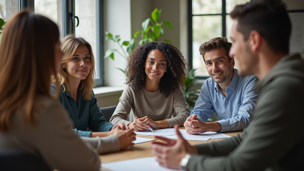 Eye-level view of a group of diverse individuals engaging in a supportive discussion