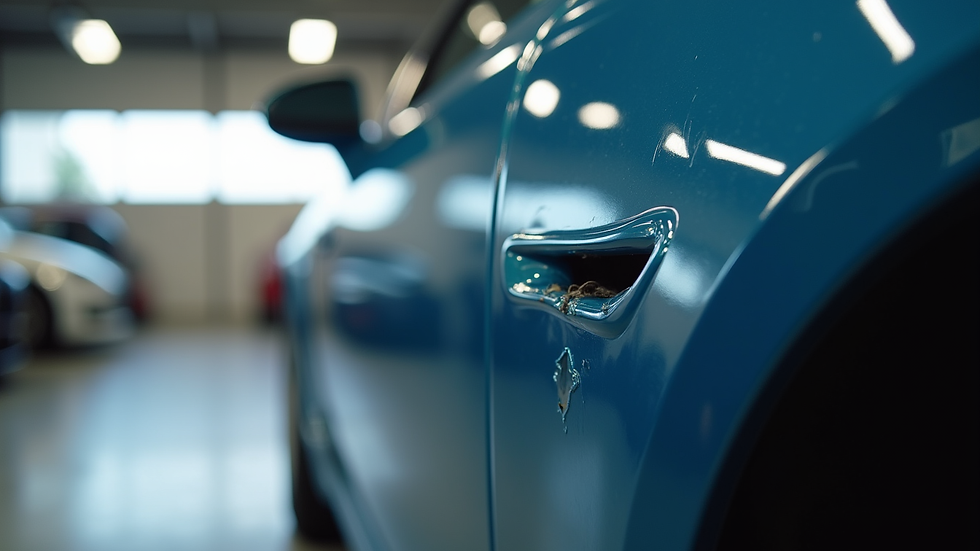 Close-up view of a car door with a small dent before paintless dent repair