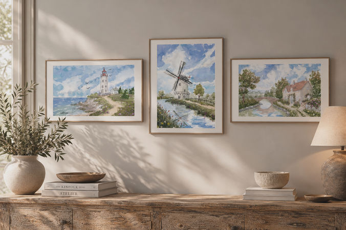 photo with 3 original watercolor paintings schievink atelier