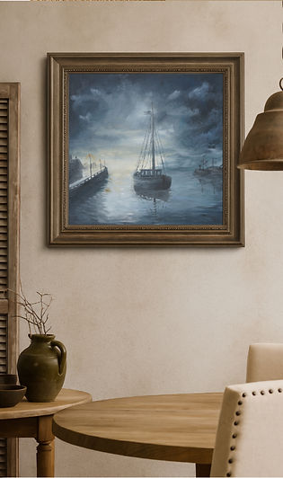 Traditional framed seascape painting displayed on a beige wall with sophisticated home décor