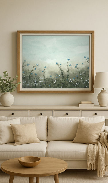 anoramic nature wall art hanging above a cozy cream-colored couch in a contemporary interior."