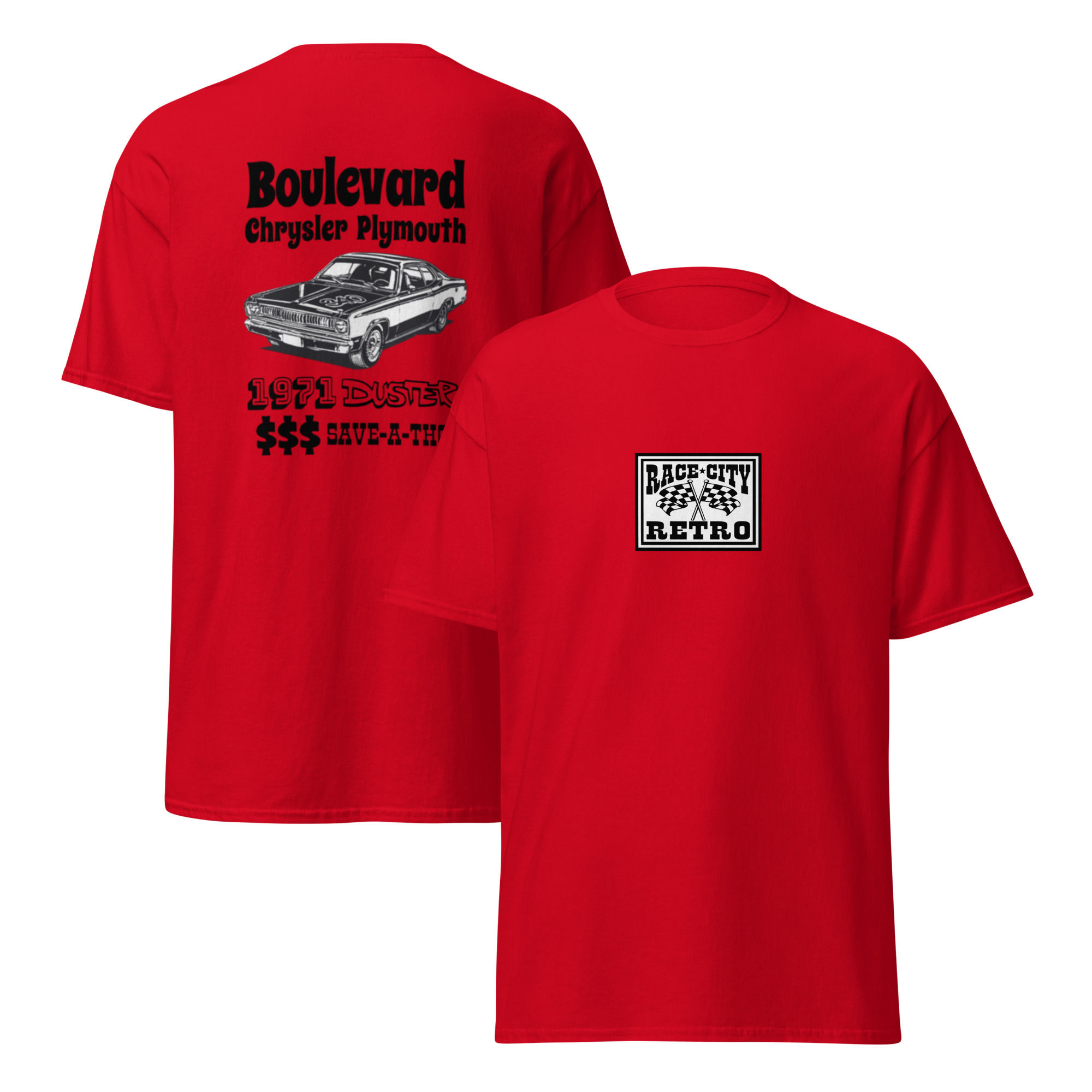 BOULEVARD CHRYSLER PLYMOUTH 340 DUSTER DEALERSHIP RETRO TWO SIDED T SHIRT