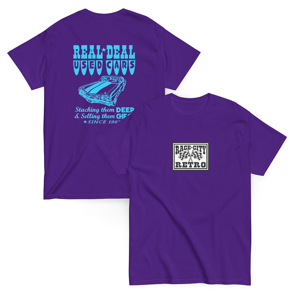 Thumbnail: REAL DEAL USED CARS 70 CHEVELLE SS TWO SIDED T SHIRT By Race City Retro