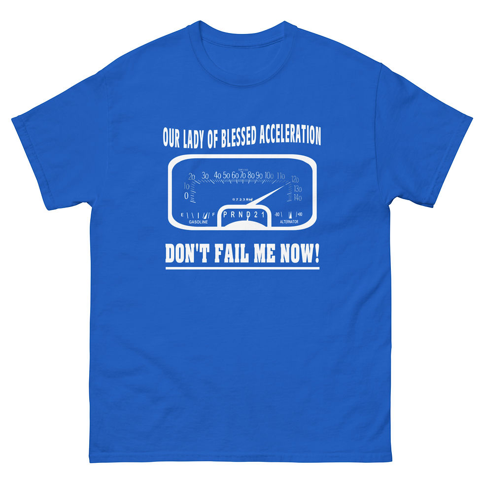 Thumbnail: OUR LADY OF BLESSED ACCELERATION Bluesmobile T-shirt by Race City Retro