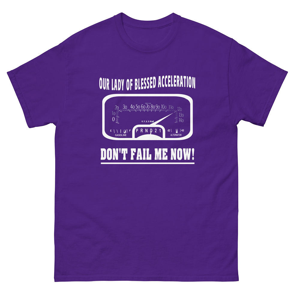 Thumbnail: OUR LADY OF BLESSED ACCELERATION Bluesmobile T-shirt by Race City Retro