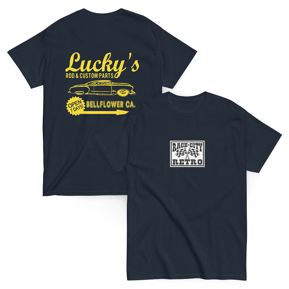 Thumbnail: LUCKY'S ROD & CUSTOM PARTS TWO SIDED T SHIRT By Race City Retro