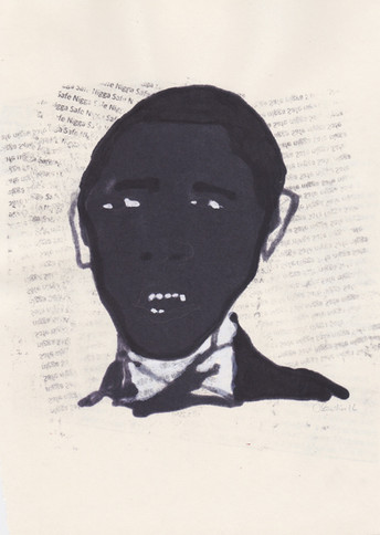 Barrack1, 2016 - Ink, graphite & correction fluid on tore Moleskine sketchbook paper 3 ½" x 5 ½"