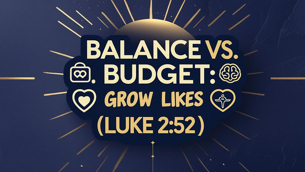 Text "BALANCE VS. BUDGET: GROW LIKES (LUKE 2:52)" on a dark background with gold sunburst design and icons of hearts and minds.