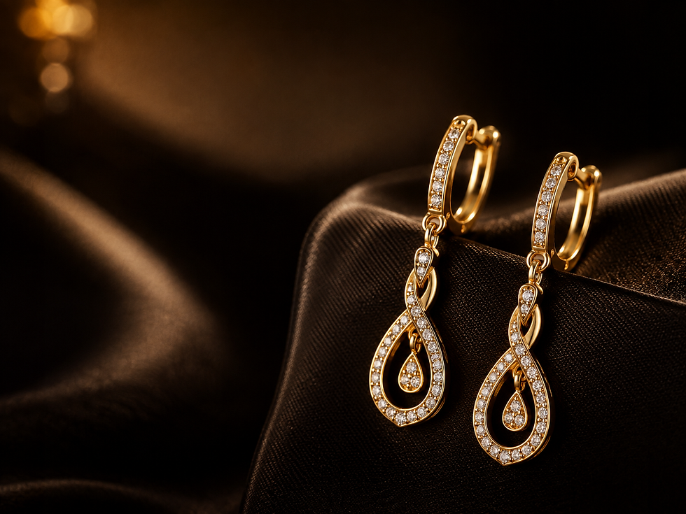 Gold drop earrings with diamond accents displayed on dark satin