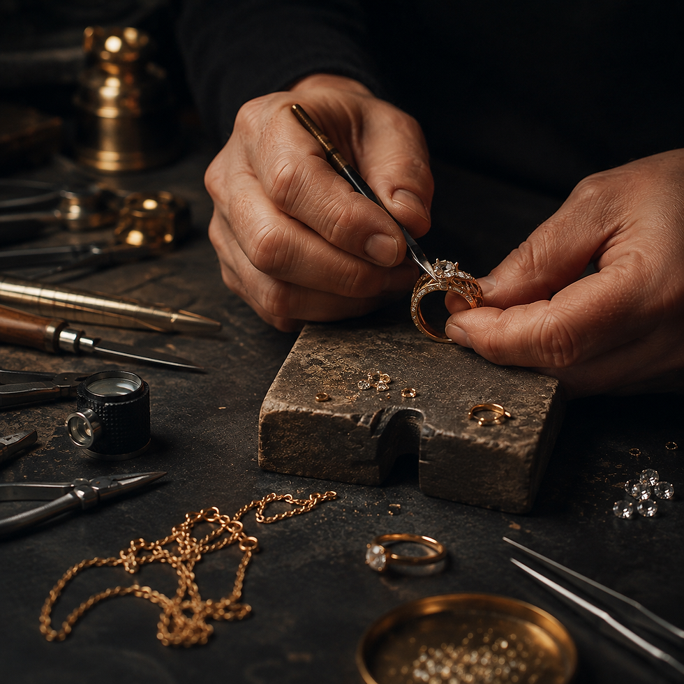 Jeweler carefully repairing a gold ring with precision tools