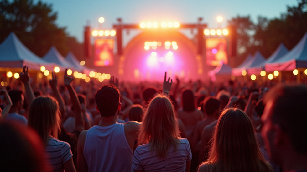 Eye-level view of a vibrant outdoor music event with a lively crowd