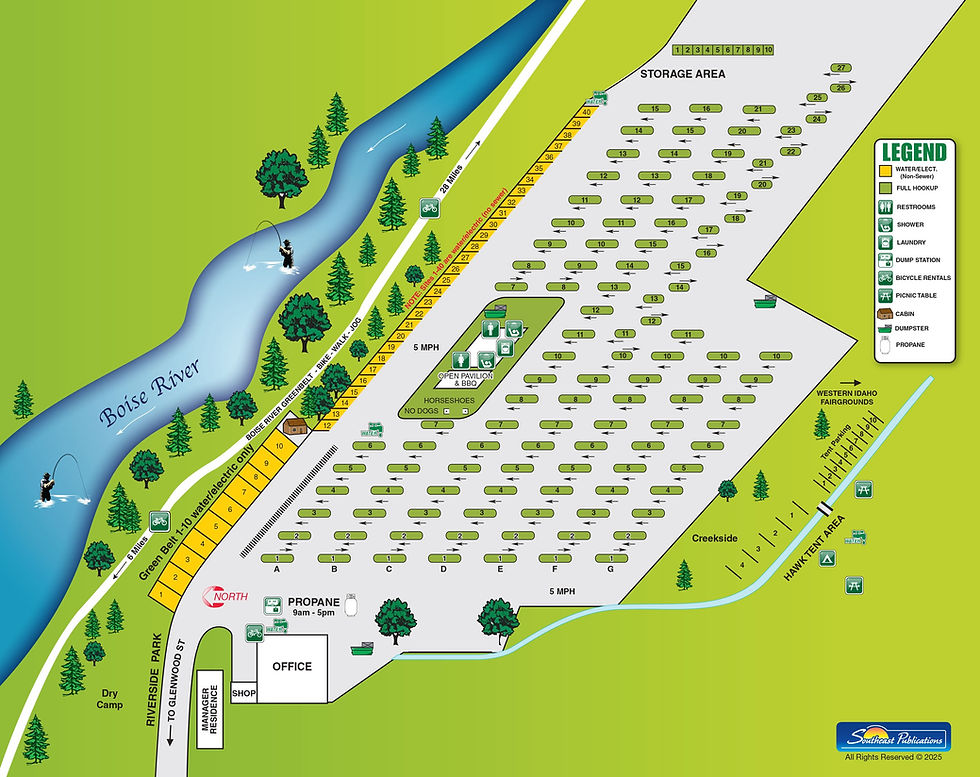 Boise Riverside RV Park site map showing RV site numbers, office, propane, restrooms, tent area, and Boise River Greenbelt access