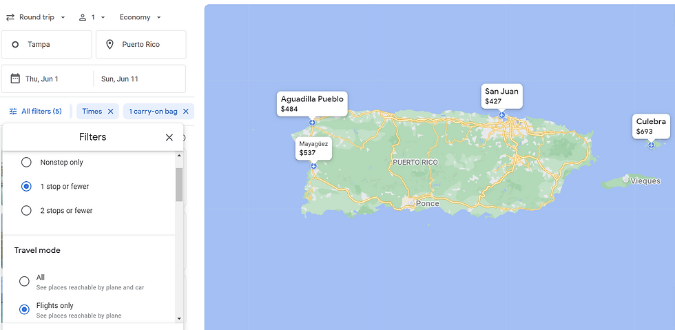 Filtering for "1 stop or fewer," "flights only," under $700, all Airline Alliances, departing from my outbound or return flight no earlier than noon, any flight duration, and 1 carry-on bag when I look at Tampa to Puerto Rico