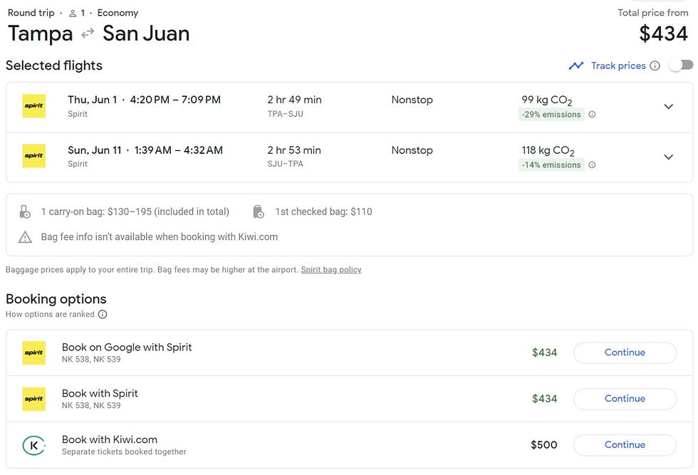 Spirit Flights for Tampa to Puerto Rico, Round Trip, 1 passenger, Economy, June 1 through June 11 Search on Google Flights ready to be booked