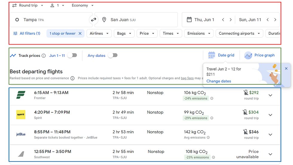Webpage in the Basic Flight Search when you put specific airports. DLT! split up the page in to 3 sections: red, green, and blue to pinpoint the different features on this page