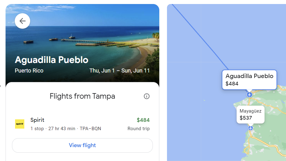 Aguadilla Pueblo flight itinerary showing a 28 hour flight for $484