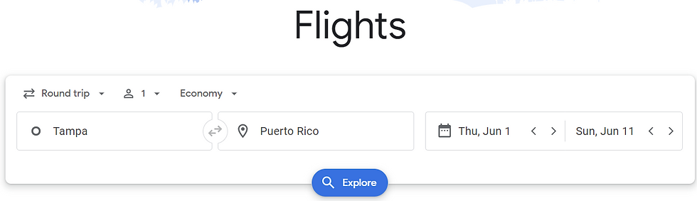 Tampa to Puerto Rico, Round Trip, 1 passenger, Economy, June 1 through June 11 Search on Google Flights