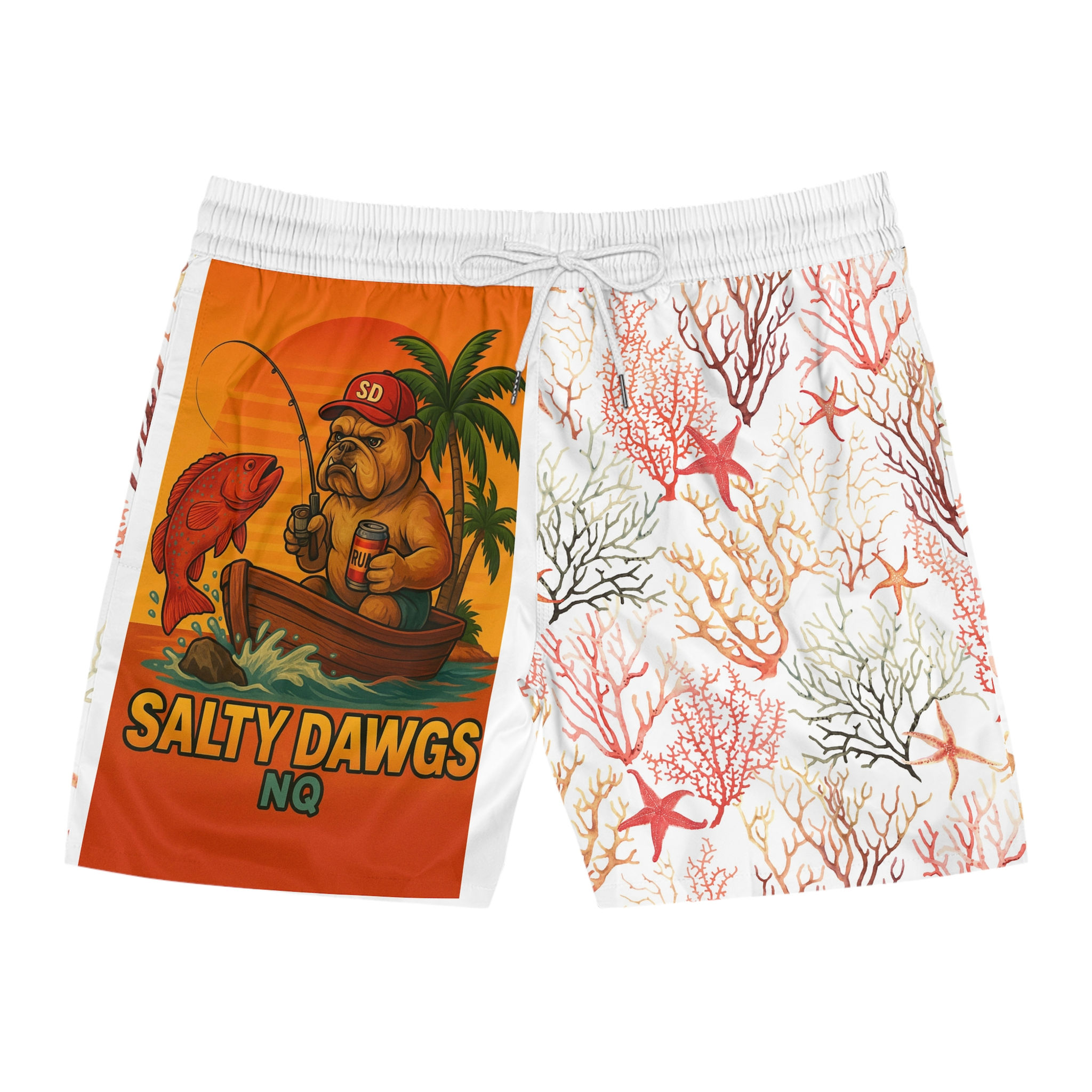 Salty Dawgs Fishing Swim Shorts — Coral Reef Pattern Men's Beach Trunks