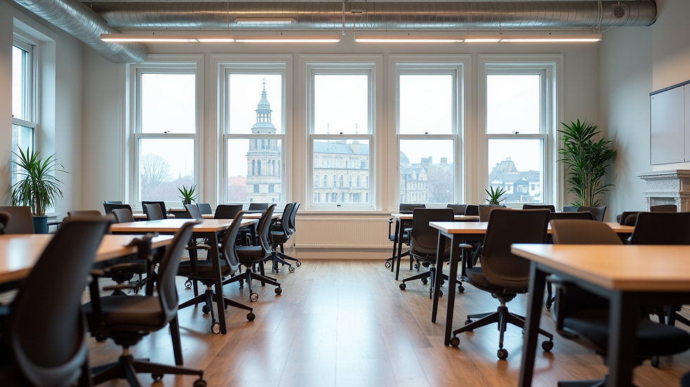 Wide angle view of a bright Glasgow coworking space with desks and chairs