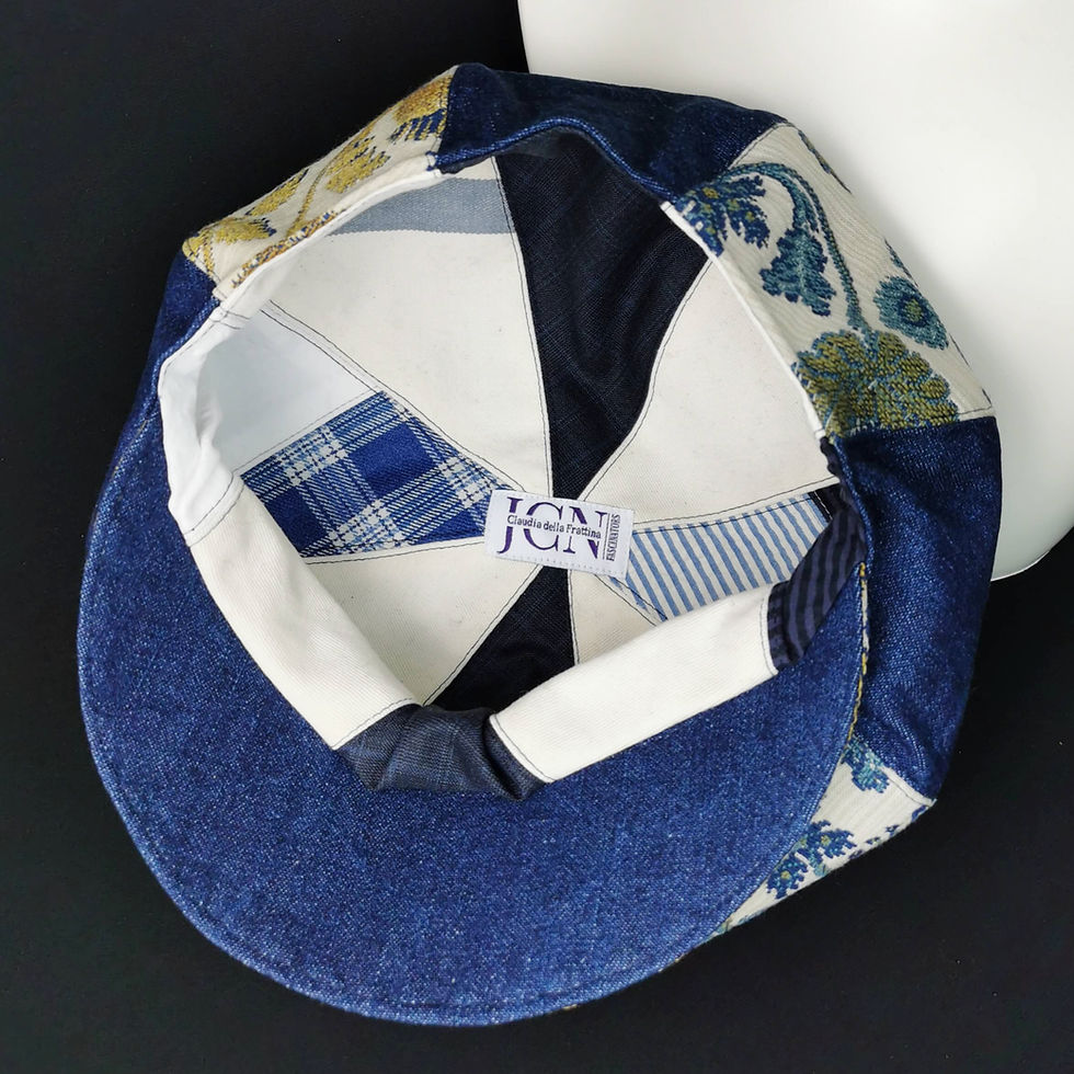 Thumbnail: Berretto Visiera in tessuti pregiati di riciclo. Newsboy Cap in upcycled luxury fabrics. JCN Fascinators