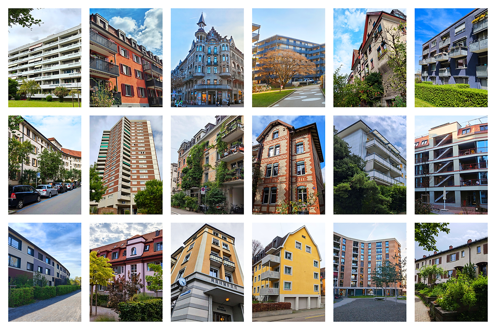 Collage aus Bildern von Liegenschaften der Genossenschaften in Zürich