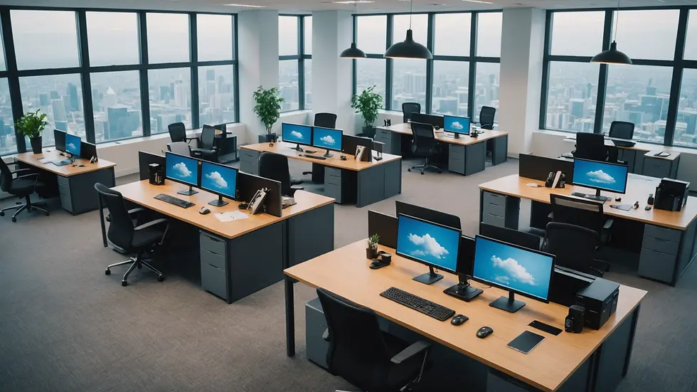 High angle view of a modern office environment displaying cloud technology