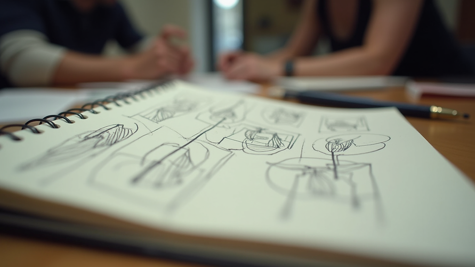 Eye-level view of a notebook with character notes and sketches