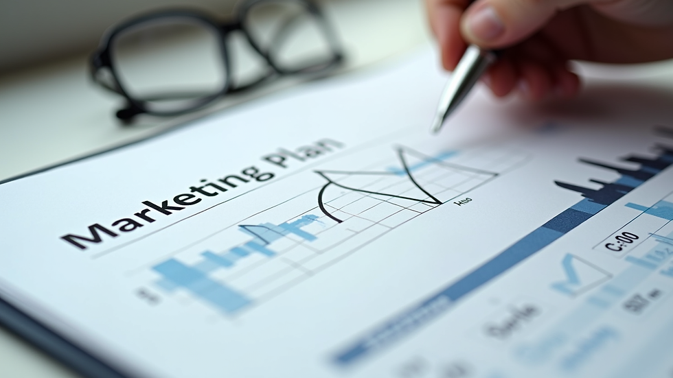 Close-up view of a marketing plan document with notes and highlights