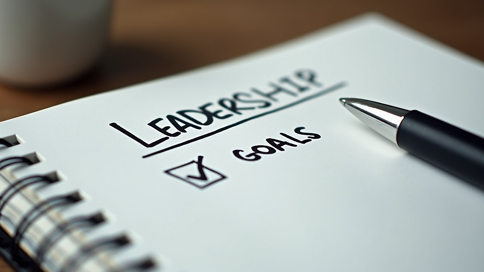 Close-up view of a notebook with leadership goals and action plans