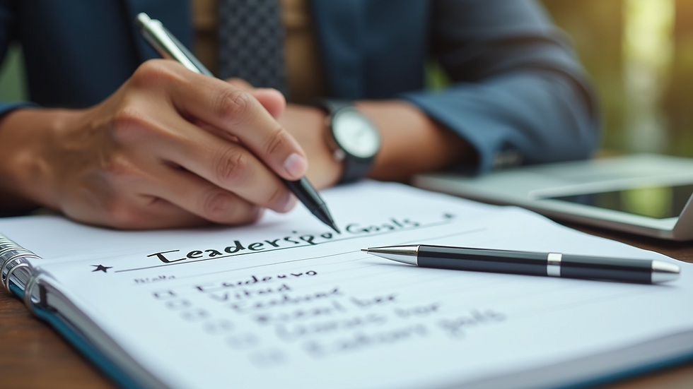 Close-up view of a notebook with leadership goals and a pen