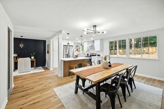 Modern dining area with large table and pendant lighting, open-concept remodel in South Charlott