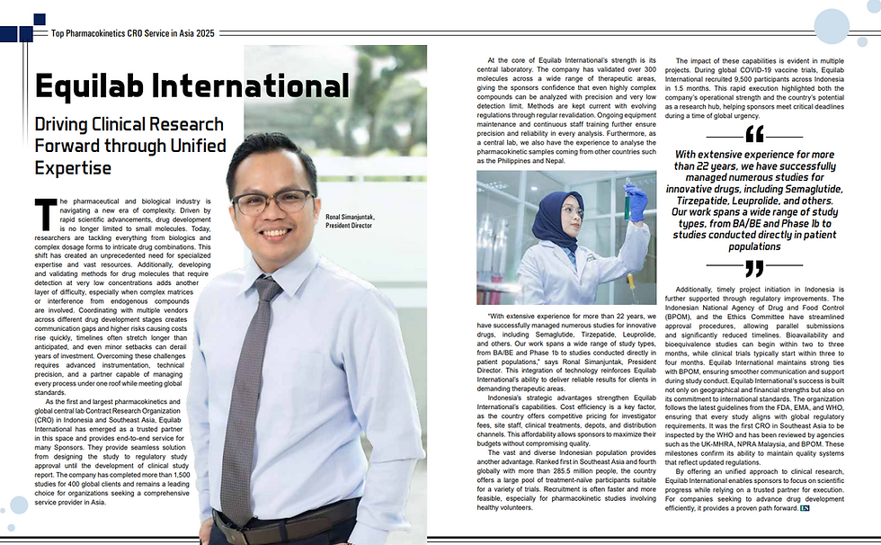 Equilab International Top Pharmacokinetic CRO Asia 2025
for biologics innovative drug complex dosage form