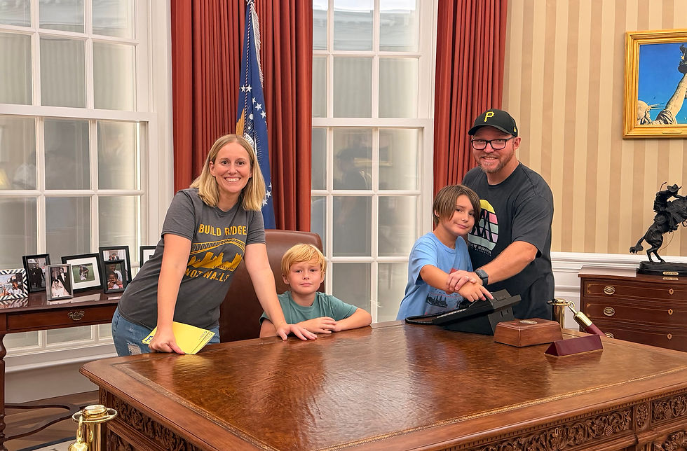 Pretending to be president in the “Oval Office” at Obama Presidential Center in Chicago