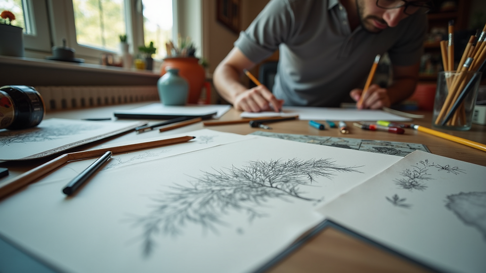 Eye-level view of a creative workspace filled with art supplies and sketches