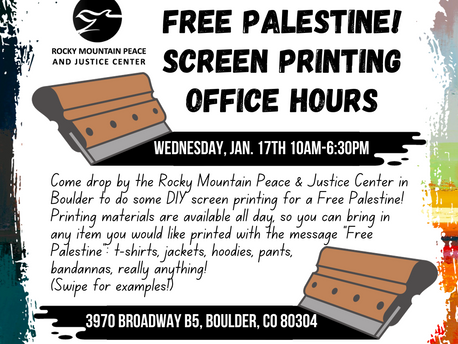 Free Palestine!  Screen Printing Office Hours Wednesday 1/17/24 10am-6:30pm