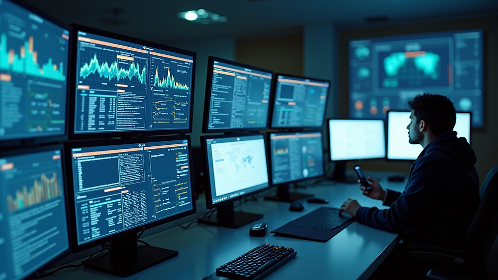 High angle view of a control room with multiple data screens