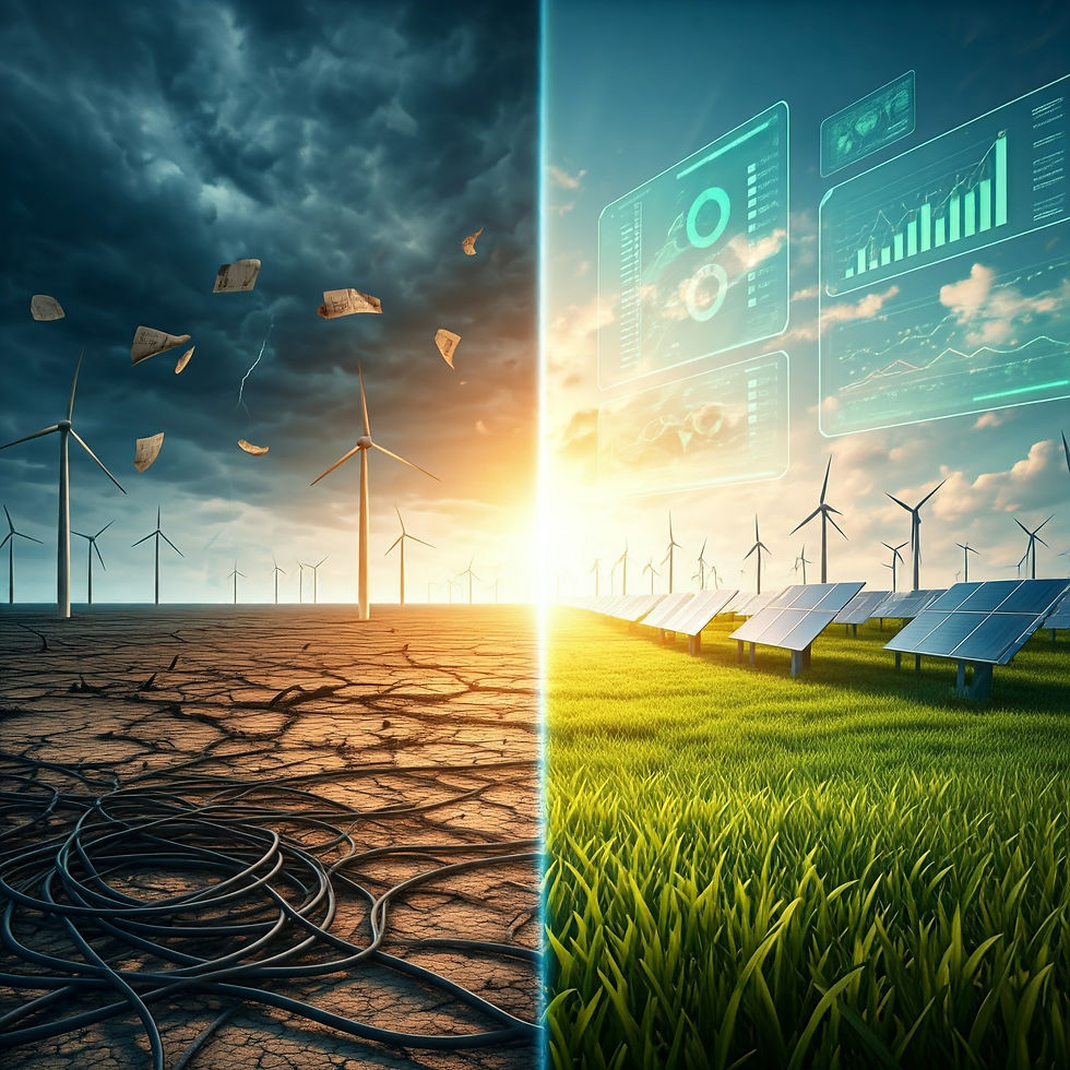 Split-screen image comparing renewable energy challenges and data-driven solutions. Left: barren landscape with scattered turbines, dark clouds. Right: vibrant green field with optimized renewable infrastructure, data visualizations. Central circuit board divider symbolizes technological transformation.