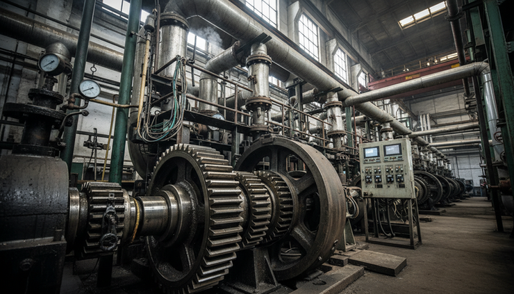 Low-angle view of heavy industrial equipment operating in a processing facility