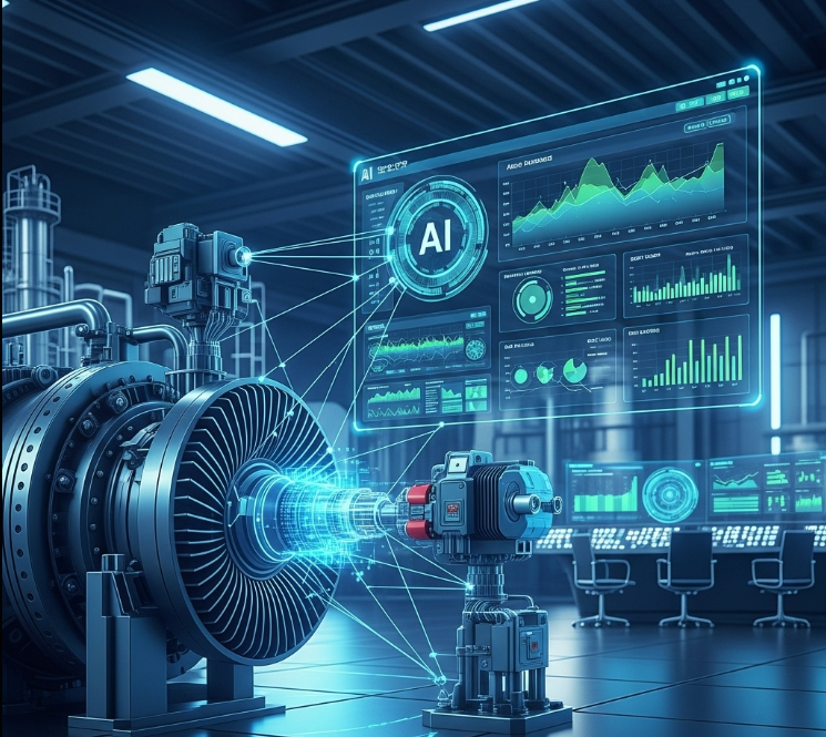A high-tech AI system displaying detailed performance graphs and metrics for a large industrial machine, representing advanced predictive maintenance and data analytics in a factory setting.
