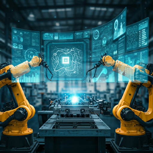 Futuristic manufacturing floor showcasing predictive maintenance technology. Robotic arms and machinery in foreground with holographic displays. Engineers in background using augmented reality to analyze equipment. Blue-tinted scene with glowing data connections and digital dashboards, illustrating AI and IoT integration in smart factory setting.