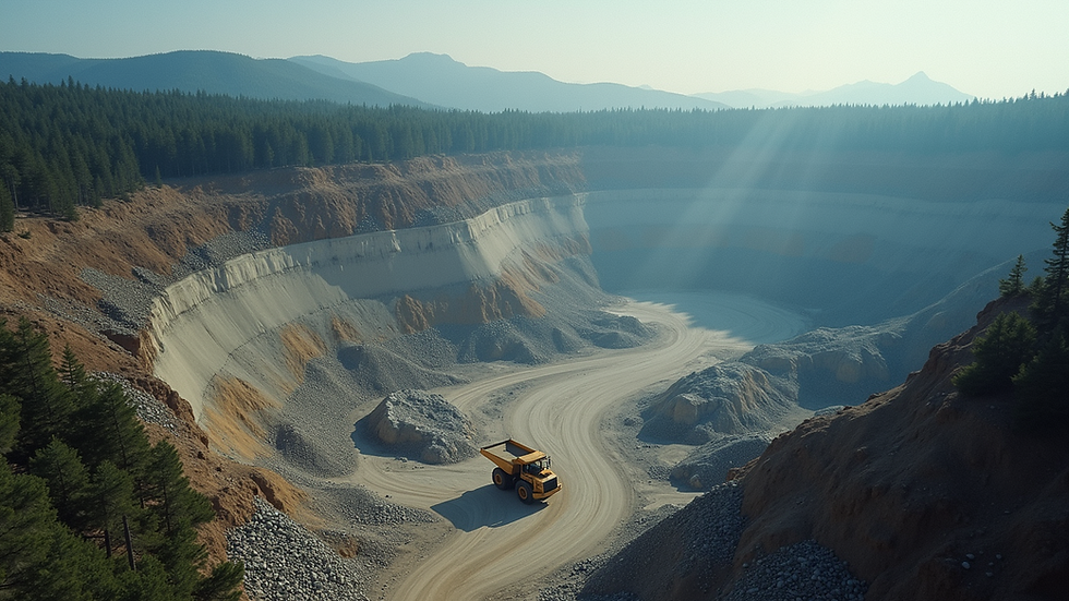 High angle view of mining site with data overlay graphics