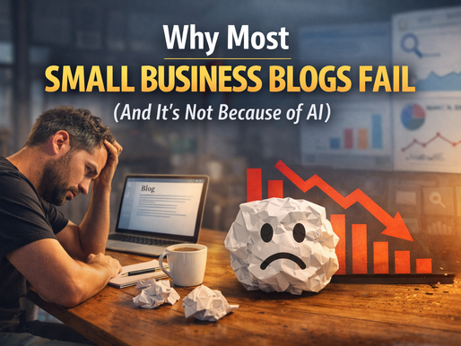 Small business owner working at a desk reviewing notes, illustrating why small business blogs fail without strategy and consistency