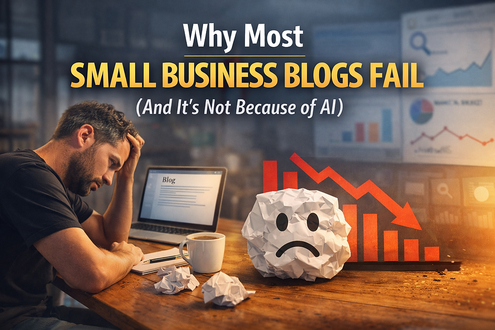 Local business owner at a desk in a practical workspace, representing common small business blogging mistakes