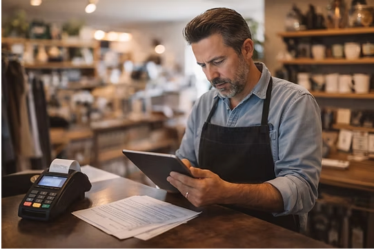 Merchant reviewing payment processing fees on tablet at retail counter