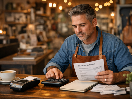 mall business owner analyzing payment processing costs with calculator and receipts in retail shop